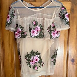 INC International Concepts Sheer Beige Top with Pink Floral Embroidery